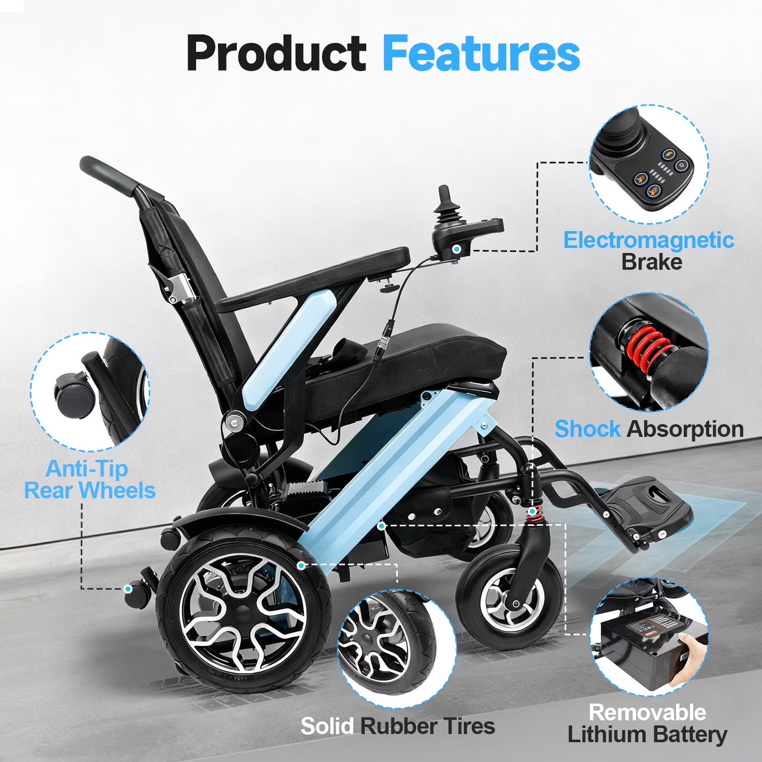 MediNex Lightweight Foldable Electric Wheelchair for Adults, Aluminum Motorized Power Chair, 350 lbs Capacity, 30-Mile Range, 500W Brushless Motors, Dual 13Ah Batteries, Blue