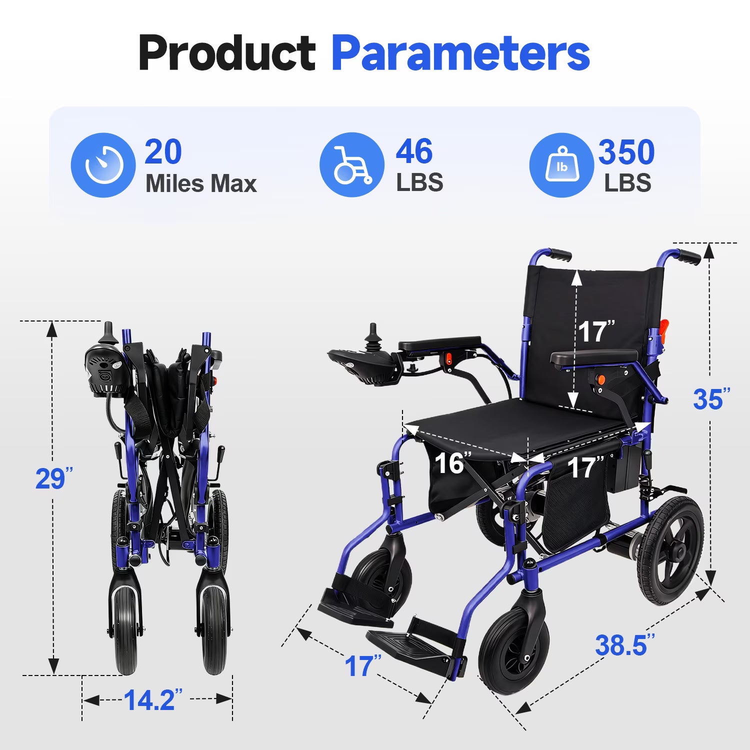 MediNex Electric Wheelchair, 20+ Miles Range(350LBS) ,Lightweight Foldable Electric Wheelchairs for Adults,12Ah Lithium Battery,Motorized Wheelchair,Blue,16in Width