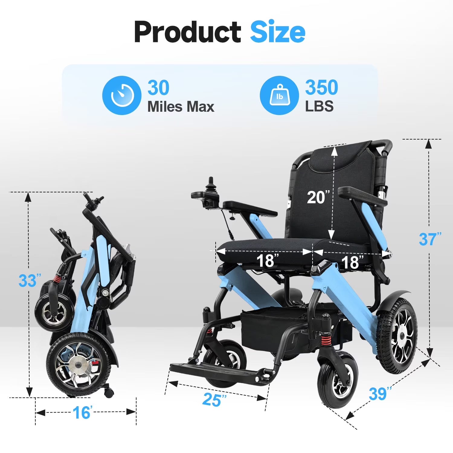 MediNex Lightweight Foldable Electric Wheelchair for Adults, Aluminum Motorized Power Chair, 350 lbs Capacity, 30-Mile Range, 500W Brushless Motors, Dual 13Ah Batteries, Blue