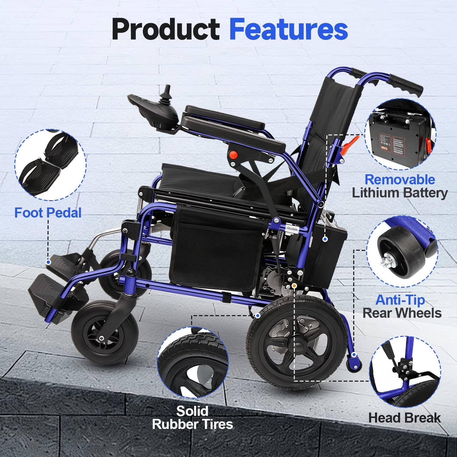 MediNex Electric Wheelchair, 20+ Miles Range(350LBS) ,Lightweight Foldable Electric Wheelchairs for Adults,12Ah Lithium Battery,Motorized Wheelchair,Blue,16in Width