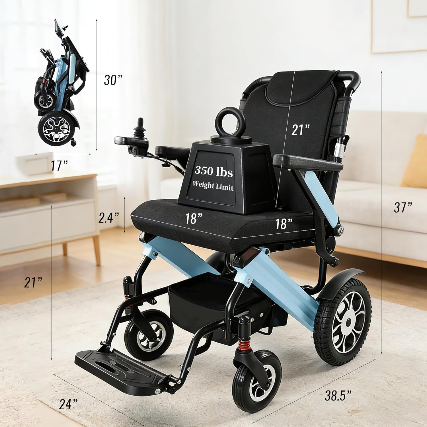Zygenair Foldable Aluminum Electric Wheelchair for Adults, 350 lbs Heavy Duty Motorized Power Chair, 30-Mile Range, 500W Brushless Motor, 12° Climb, Dual Batteries, Blue